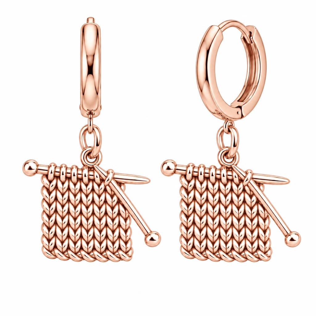 Work in Progress Knitting Huggie Charm Earrings – rose gold, front view