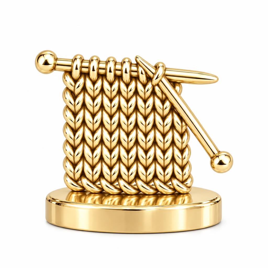 Work in Progress Knitting Keepsake Plaque – 18K gold, front view