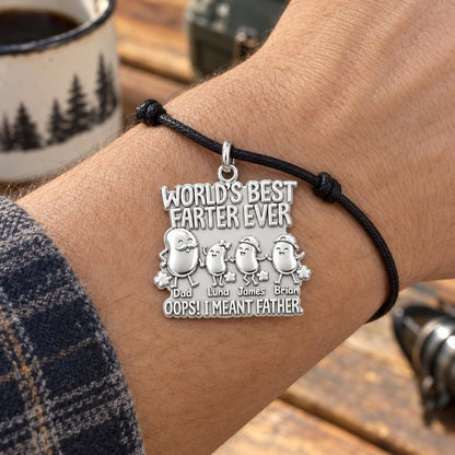 World's Best Farter Charm Bracelet – Personalized Dad Gift – worn on the wrist on a black cord bracelet