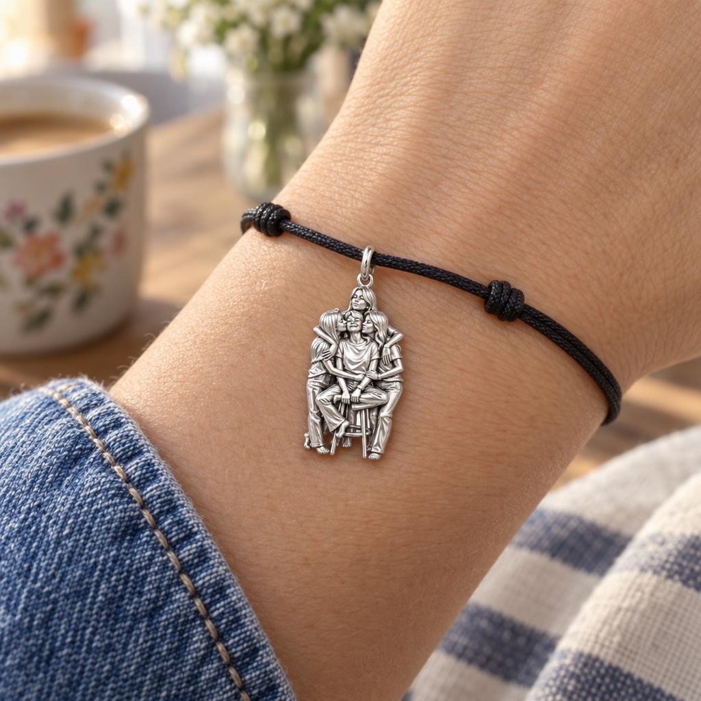 Wrapped in Family Love Charm Bracelet – Personalized Mom Gift – worn on the wrist on a black cord bracelet
