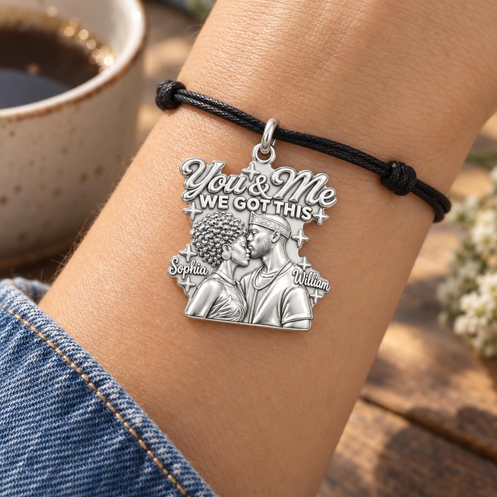 You And Me We Got This Charm Bracelet – Personalized Couple Gift – worn on the wrist on a black cord bracelet