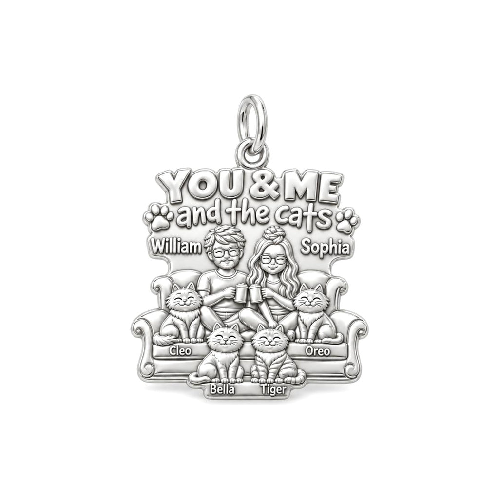 You Me and the Cats Charm Bracelet – Personalized Couple Gift – silver plated 3 cm charm, front view