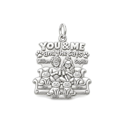 You Me and the Cats Charm Bracelet – Personalized Couple Gift – silver plated 3 cm charm, front view