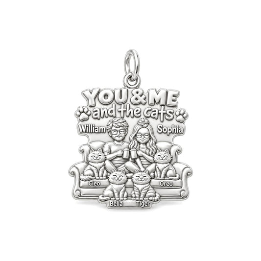 You Me and the Cats Charm Bracelet – Personalized Couple Gift – silver plated 3 cm charm, front view