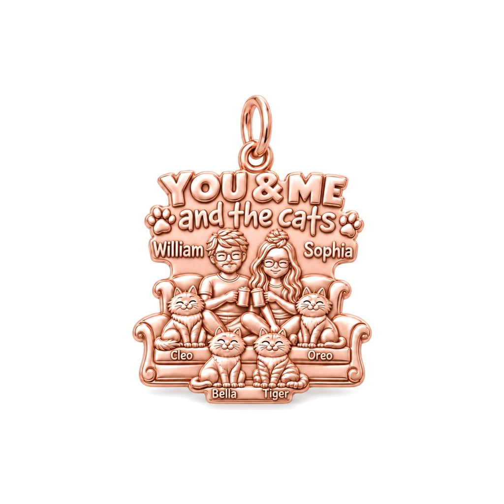 You Me and the Cats Charm Bracelet – Personalized Couple Gift – rose gold 3 cm charm, front view