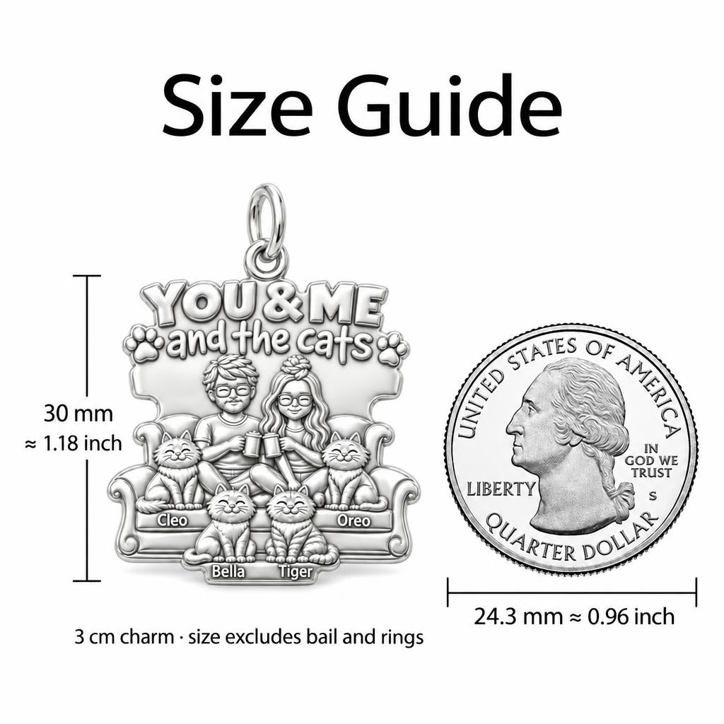 You Me and the Cats Charm Bracelet – Personalized Couple Gift – size guide, 3 cm charm next to a quarter