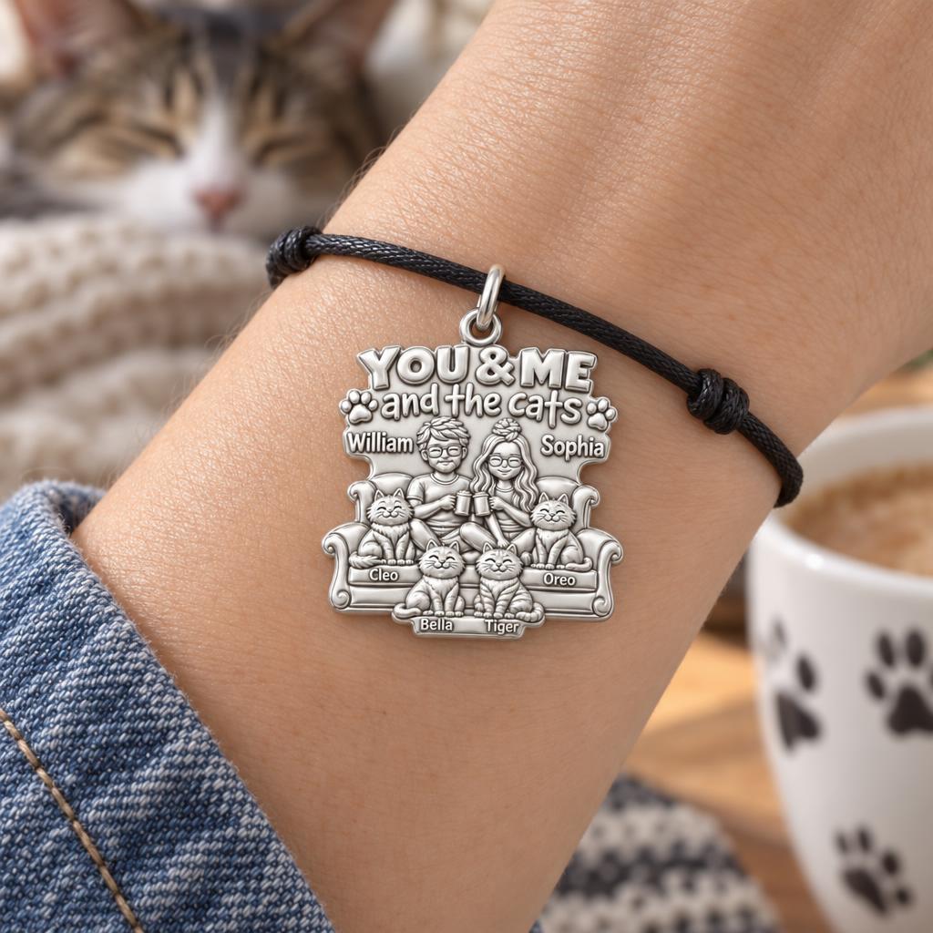 You Me and the Cats Charm Bracelet – Personalized Couple Gift – worn on the wrist on a black cord bracelet
