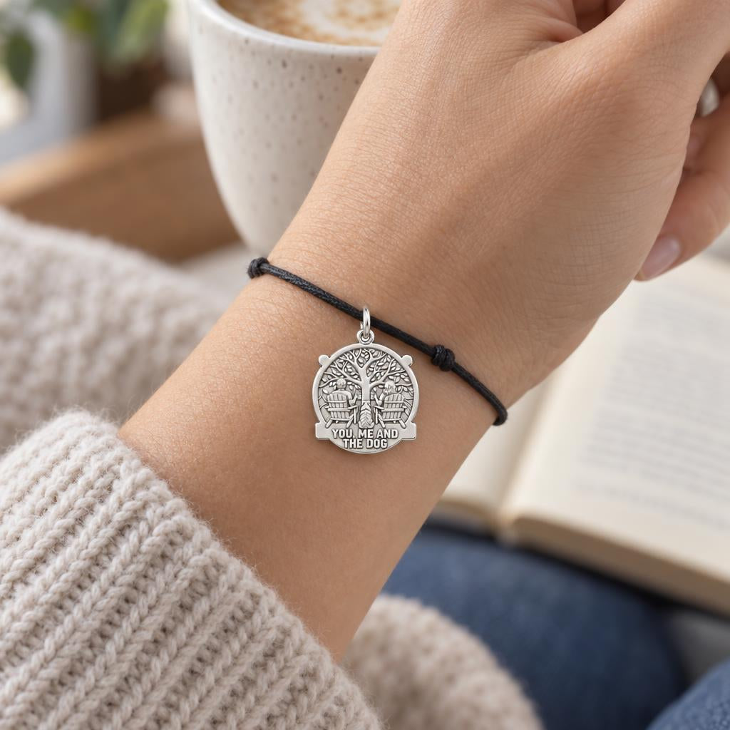 You Me and the Dog Charm and Polyester Cord Bracelet Set – worn on the wrist on a black cord bracelet