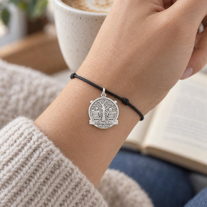 You Me and the Dog Charm and Polyester Cord Bracelet Set – worn on the wrist on a black cord bracelet