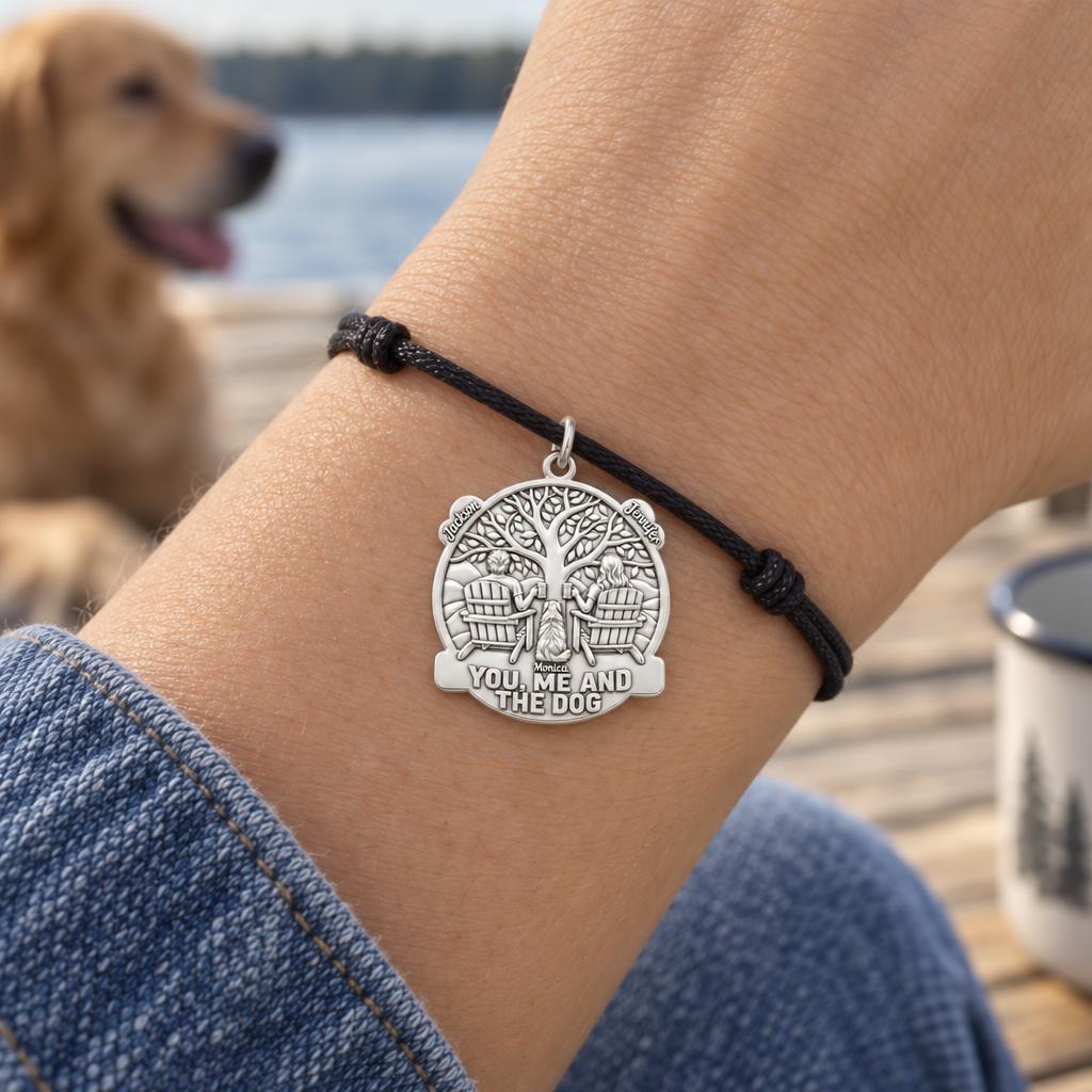 You Me and The Dog Charm Bracelet – Personalized Couple Gift – worn on the wrist on a black cord bracelet