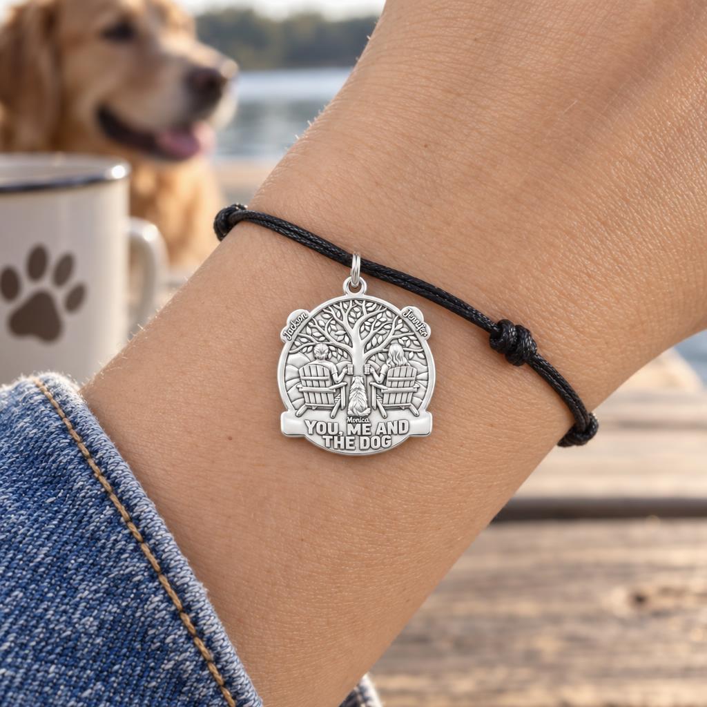 You Me and The Dog Charm Bracelet – Personalized Couple Gift – worn on the wrist on a black cord bracelet