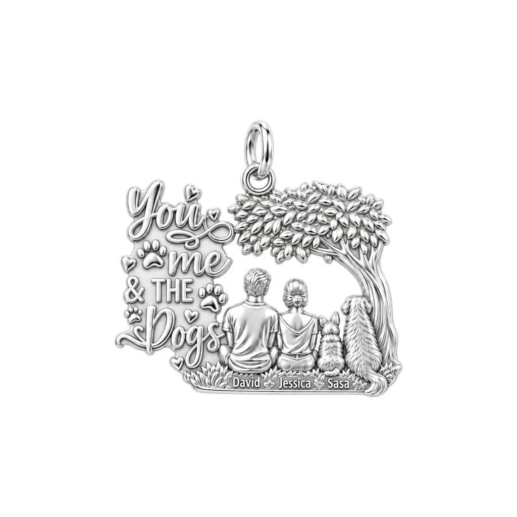 You Me And The Dogs Charm Bracelet – Personalized Couple Gift – silver plated 3 cm charm, front view
