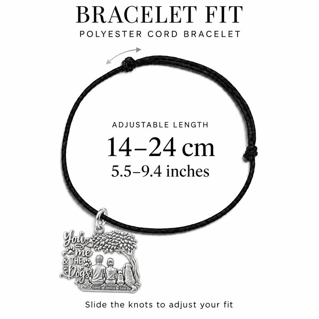 You Me And The Dogs Charm Bracelet – Personalized Couple Gift – adjustable black cord bracelet, 14–24 cm