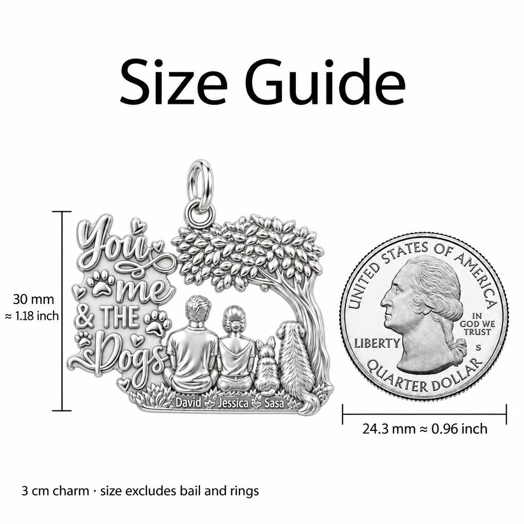 You Me And The Dogs Charm Bracelet – Personalized Couple Gift – size guide, 3 cm charm next to a quarter