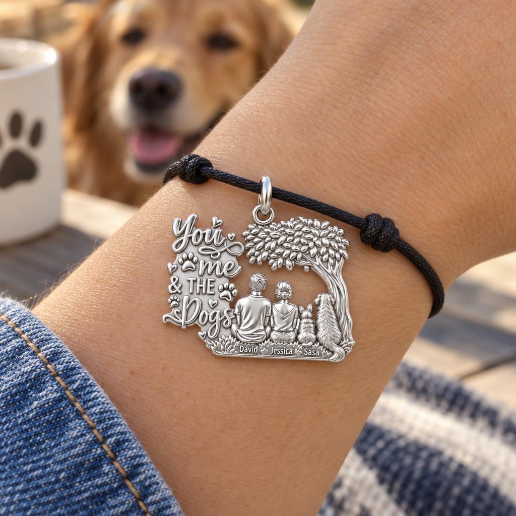You Me And The Dogs Charm Bracelet – Personalized Couple Gift – worn on the wrist on a black cord bracelet