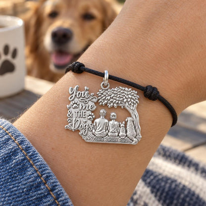 You Me And The Dogs Charm Bracelet – Personalized Couple Gift – worn on the wrist on a black cord bracelet