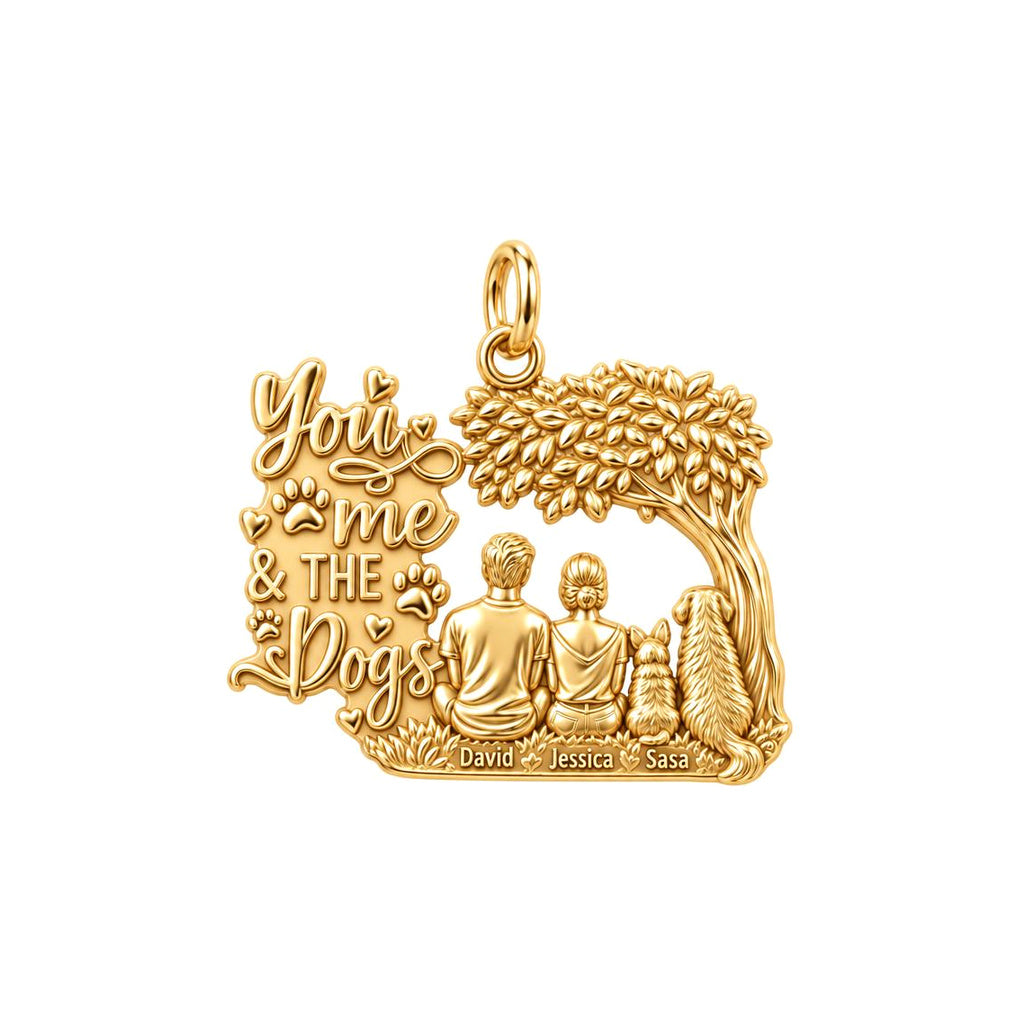 You Me And The Dogs Charm Bracelet – Personalized Couple Gift – 18K gold plated 3 cm charm, front view