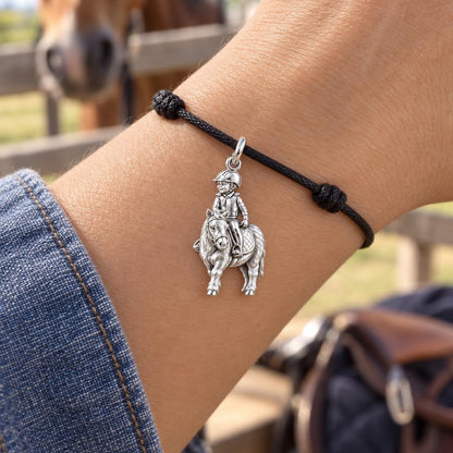 Young Rider and Pony Charm Bracelet – Personalized Mom Gift – worn on the wrist on a black cord bracelet