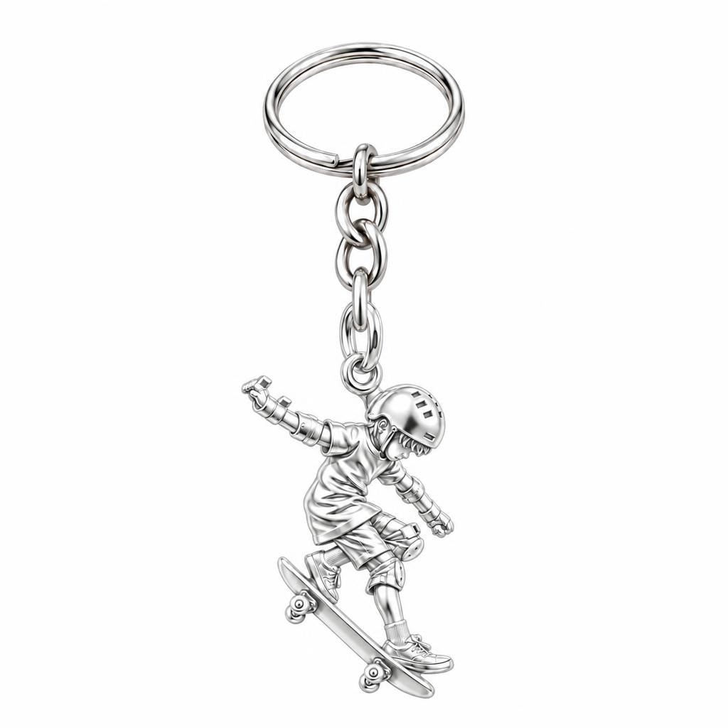 Young Skater in Motion Charm Keychain – silver, front view