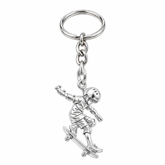 Young Skater in Motion Charm Keychain – silver, front view