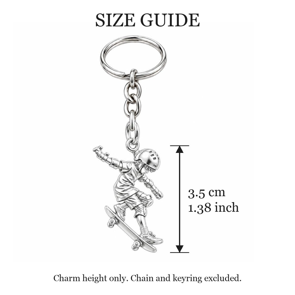 Young Skater in Motion Charm Keychain – size guide, 3.5 cm (1.38 in) charm, chain and keyring excluded