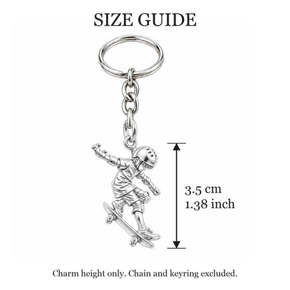 Young Skater in Motion Charm Keychain – size guide, 3.5 cm (1.38 in) charm, chain and keyring excluded