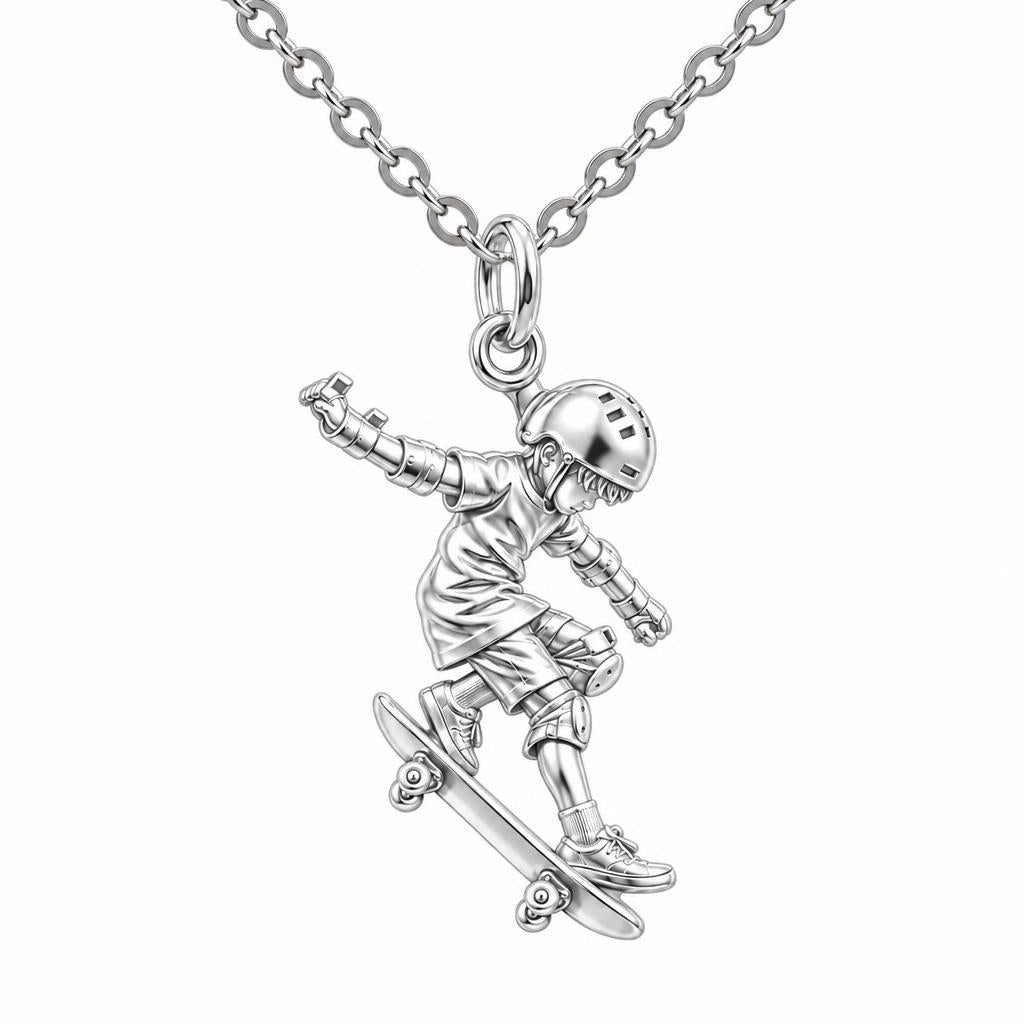 Young Skater in Motion Charm Necklace Set – silver, front view