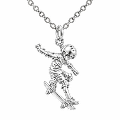 Young Skater in Motion Charm Necklace Set – silver, front view