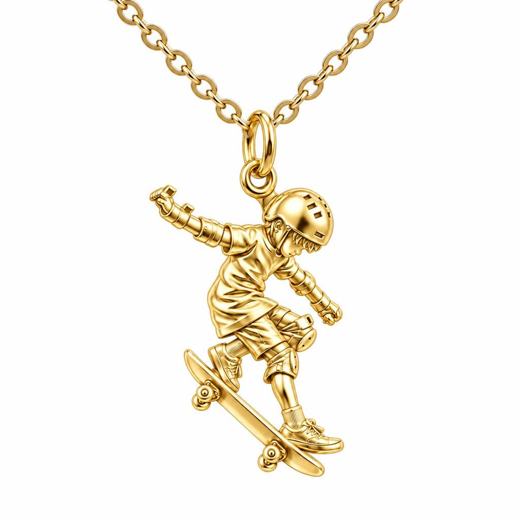 Young Skater in Motion Charm Necklace Set – 18K gold, front view
