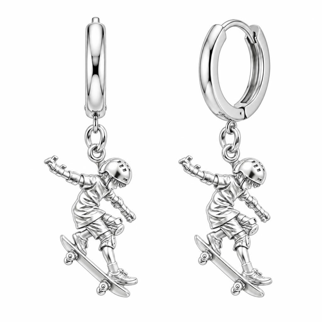 Young Skater in Motion Huggie Charm Earrings – silver, front view