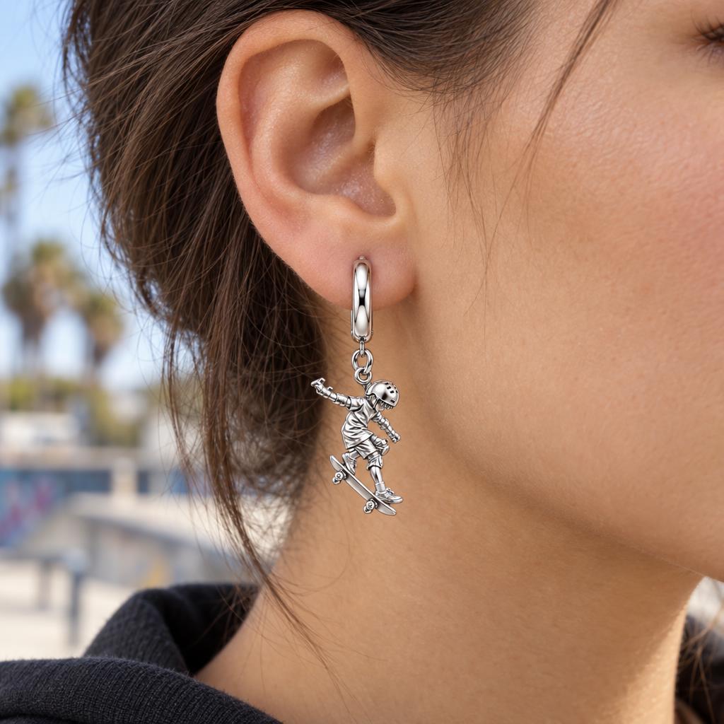 Young Skater in Motion Huggie Charm Earrings – worn / in use