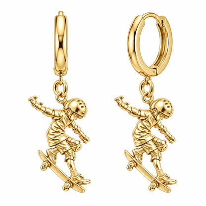 Young Skater in Motion Huggie Charm Earrings – 18K gold, front view