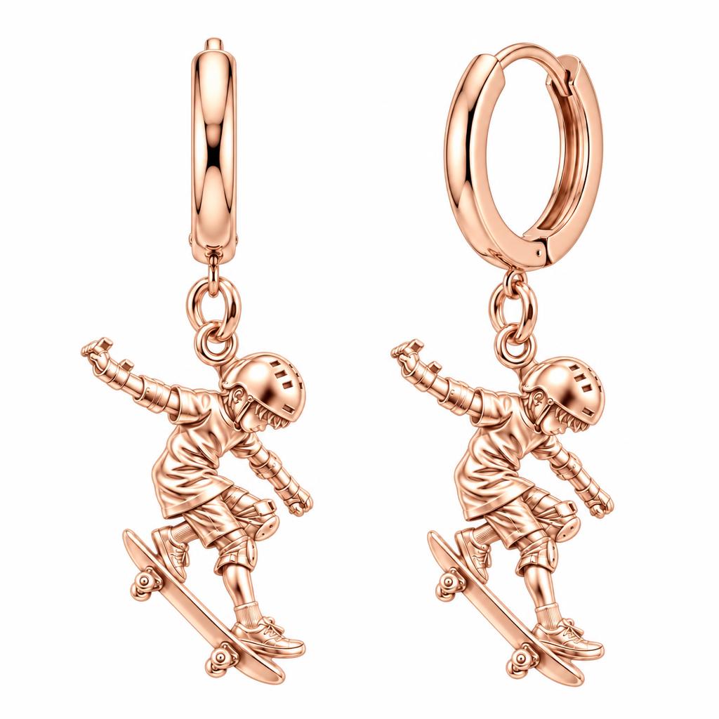 Young Skater in Motion Huggie Charm Earrings – rose gold, front view