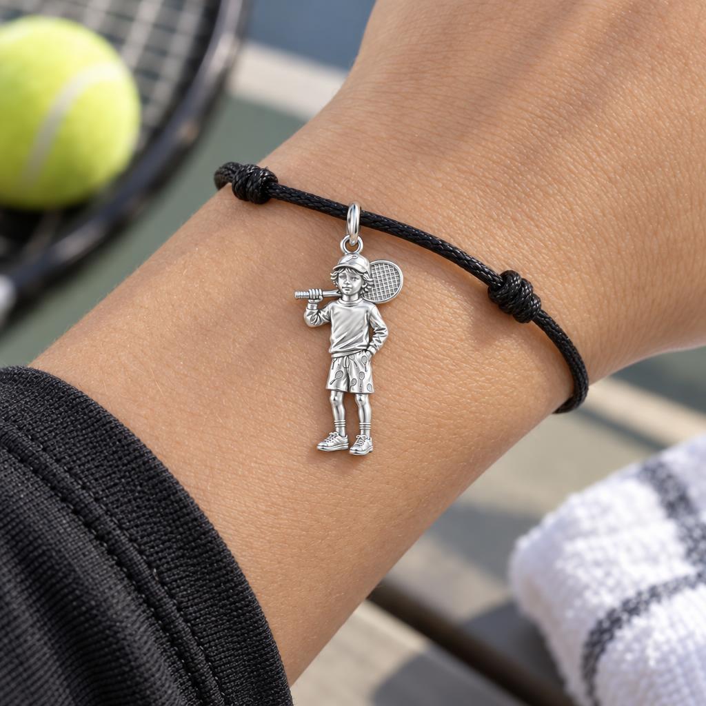 Young Tennis Star Charm Bracelet – Personalized Mom Gift – worn on the wrist on a black cord bracelet