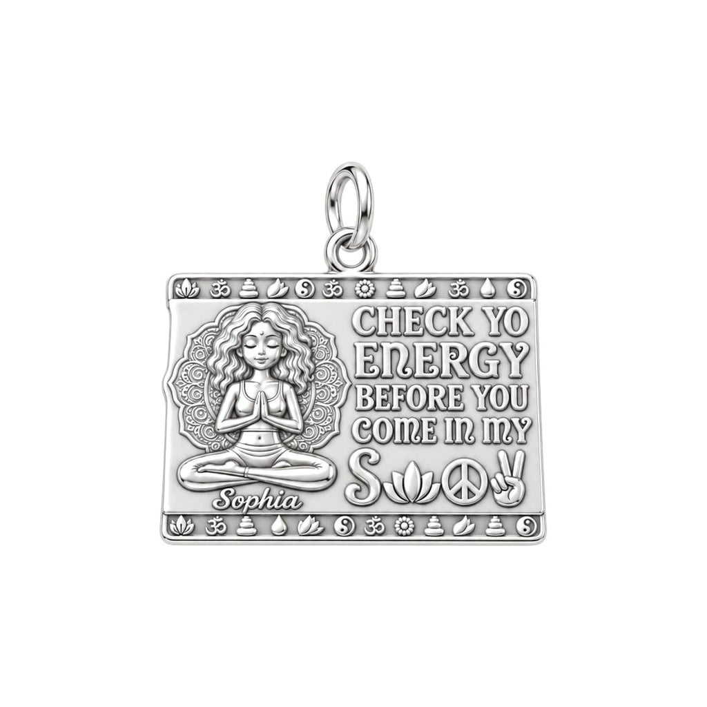 Zen Energy Yoga Charm Bracelet – Personalized Yogi Gift – silver plated 3 cm charm, front view