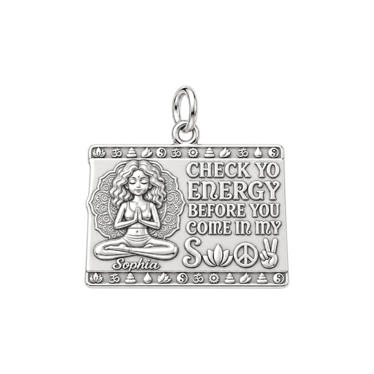 Zen Energy Yoga Charm Bracelet – Personalized Yogi Gift – silver plated 3 cm charm, front view