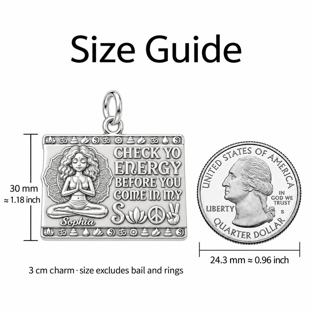 Zen Energy Yoga Charm Bracelet – Personalized Yogi Gift – size guide, 3 cm charm next to a quarter