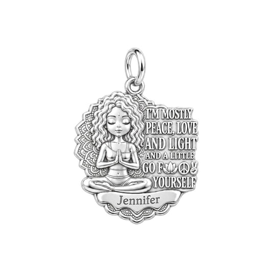 Zen Peace and Light Charm Bracelet – Personalized Yoga Gift – silver charm, front view
