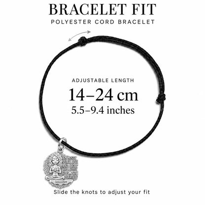 Zen Peace and Light Charm Bracelet – Personalized Yoga Gift – adjustable black cord bracelet, 14–24 cm