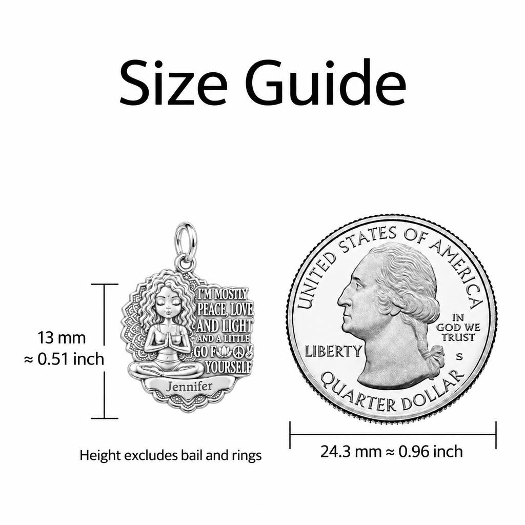 Zen Peace and Light Charm Bracelet – Personalized Yoga Gift – size guide, 13 mm charm next to a quarter