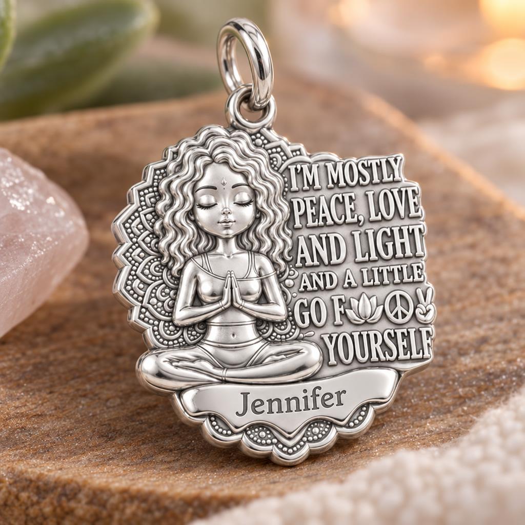 Zen Peace and Light Charm Bracelet – Personalized Yoga Gift – macro detail of the charm