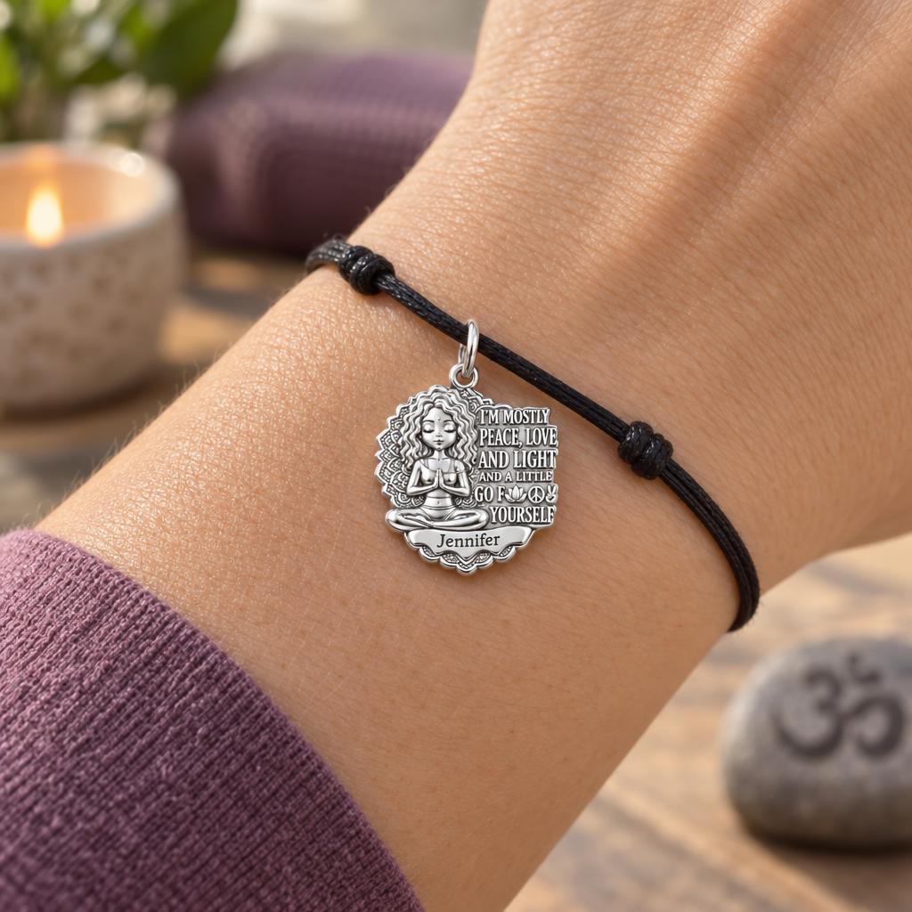Zen Peace and Light Charm Bracelet – Personalized Yoga Gift – worn on the wrist on a black cord bracelet